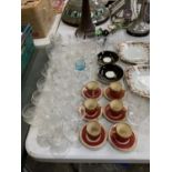 A LARGE COLLECTION OF ASSORTED DRINKING GLASSES, JAMES KENT CERAMIC CUPS AND SAUCERS ETC