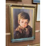 A GILT EFFECT PLASTIC FRAMED PRINT OF A BOY CRYING