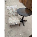 AN UPHOLSTERED BEDROOM CHAIR AND AN OAK OCCASIONAL TABLE