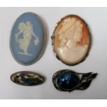 FOUR LADIES BROOCHES, WEDGWOOD JASPER, CAMEO, ENAMEL AND SILVER LAPIS LAZULI EXAMPLES