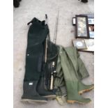 TWO PAIRS OF WADERS, THREE VARIOUS SIZED NETS AND A BERKLEY FIREFLEX FISHING ROD