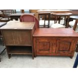 A MAHOGANY LINEN CHEST WITH HINGED TOP AND LOWER SHELF AND A PINE BLANKET CHEST WITH HINGED TOP