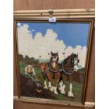 A WOODEN FRAMED TAPESTRY OF HORSES PLOUGHING