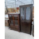 TWO PRIORY STYLE OAK CABINETS - ONE WITH FALL FRONT AND TWO DOORS AND ONE WITH TWO LOWER DOORS AND