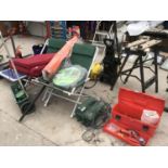 A PAIR OF FOLDING ROCKING OUTDOOR CHAIRS, A SUN LOUNGER CUSHION, A FERT/SEED SPINNER, TOOL BOX AND