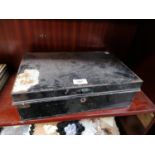 A VINTAGE METAL CASH TIN / BOX