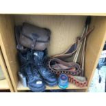 VARIOUS SHOOTING RELATED ITEMS TO INCLUDE BOOTS, CARTRIDGE BELTS, PELLETS, GUN BRUSHES, HIP FLASK