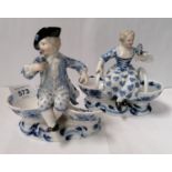 TWO CONTINENTAL HARD PASTE PORCELAIN FIGURES, CROSS SWORD MARKS TO BASE, A/F