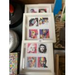 THREE WHITE FRAMED PRINTS OF VARIOUS FAMOUS PEOPLE