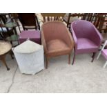 FOUR LLOYD LOOM STYLE ITEMS - TWO LINEN BASKETS AND TWO BEDROOM ARMCHAIRS