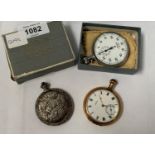 THREE POCKET WATCHES- TO INCLUDE A WALTHAM USA EXAMPLE ( MISSING COVER ) ETC