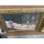 A LARGE DECORATIVE GILT FRAMED PRINT OF A NUDE LADY