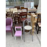 SIX ITEMS - A CHILD'S PINK CHAIR, AN OAK DINING CHAIR, A FOLDING STOOL, A BRASS STANDARD LAMP AND