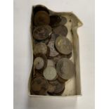 A CARDBOARD TRAY OF ASSORTED COINAGE