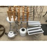 TWO SMALL FOLD OUT STOOLS, A WINE RACK, LARGE TEAPOT, SHELF STANDS ETC