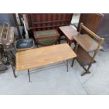 FIVE ITEMS - A TEAK EFFECT COFFEE TABLE, RETRO KITCHEN STOOL, MAHOGANY DROP LEAF SIDE TABLE, OAK