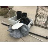 TWO BELFAST SINKS, VARIOUS POTS, CURTAIN RAILS, HANGING BASKET IRRIGATION PIPES, CAR COVER ETC