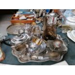 A COLLECTION OF ASSORTED EPNS SILVER PLATED WARES, CLARET JUG, TEA SET ETC