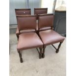 FOUR OAK DINING CHAIRS WITH STUDDED BROWN LEATHERETTE UPHOLSTERED SEATS AND BACKS