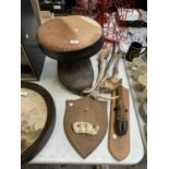 A MIXED TAXIDERMY LOT, ANTLERS, STOOL ETC