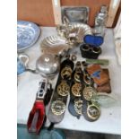 A COLLECTION OF ITEMS - CASED VINTAGE OPERA GLASSES, HORSE BRASSES, EPNS ITEMS ETC