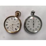 AN ELGIN GOLD PLATED OPEN FACE POCKET WATCH AND FURTHER STOP WATCH (2)