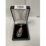 A SILVER NECKLACE WITH PINK STONE DESIGN, BOXED