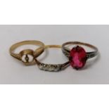 THREE LADIES RINGS - 18CT YELLOW GOLD AND PLATINUM DIAMOND RING, MISSING STONE, WEIGHT 1.7G, 9CT