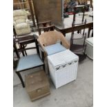 FIVE ITEMS - A FOOTSTOOL. WICKER LINEN BASKET, WICKER ARMCHAIR, MAHOGANY DINING CHAIR AND MAHOGANY