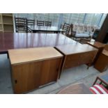 A TEAK CABINET WITH TWO SLIDING DOORS AND A TEAK BEDROOM CHEST OF FOUR DRAWERS