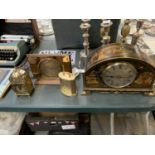 A MIXED LOT OF CLOCKS - ORIENTAL LACQUERED EXAMPLE, SMITHS LANTERN CLOCK ETC