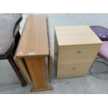 A DROP LEAF FORMICA KITCHEN TABLE AND AN OAK EFFECT FILING CABINET WITH TWO DRAWERS
