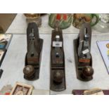 THREE VINTAGE WOOD PLANES, 2 X RECORD AND ONE STANLEY