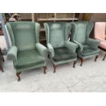THREE WING BACK ARMCHAIRS ON MAHOGANY CABRIOLE SUPPORTS (FOR RE-UPHOLSTERY)