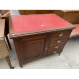 A MAHOGANY CAMPAIGN STYLE DESK WITH RED LEATHER WRITING SURFACE, FOUR DRAWERS HAVING BRASS SHELL