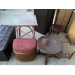 A LLOYD LOOM STYLE LINEN BOX AND A TABLE AN OAK OCCASIONAL TABLE , TWO WOVEN FOOTSTOOLS AND A