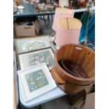 MIXED ITEMS - FRAMED PRINTS, BANDED WELL BUCKET, LAMPS ETC