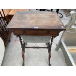 A VICTORIAN MAHOGANY SEWING TABLE ON BARLEY TWIST SUPPORTS WITH UPPER DRAWER AND LOWER FABRIC