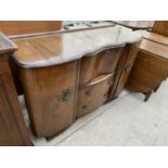 A MAHOGANY SIDEBOARD WITH FALL FRONT, TWO DOORS AND TWO DRAWERS