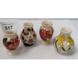 FOUR MOORCROFT POTTERY MINIATURE VASES, VARIOUS PATTERNS, A/F