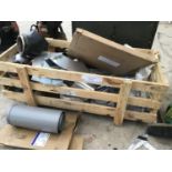A CRATE CONTAINING VARIOUS LOG BURNER/FLUE PARTS