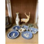 SIX PIECES OF WEDGWOOD JASPER WARE, THREE PIECES OF ROYAL ALBERT AND BESWICK STAG MODEL A/F