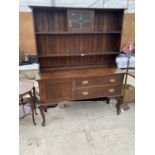 AN ARTS AND CRAFTS STYLE OAK DRESSER WITH ONE LOWER DOOR. TWO DRAWERS AND UPPER PLATE RACK WITH