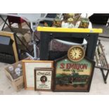 A WORKSTATION, ST EMILION CLOCK, COCO COLA MIRROR DECANTERS ETC