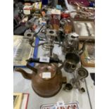 A COLLECTION OF METAL WARES TO INCLUDE COPPER KETTLE, EPNS CANDLE STICKS, COFFEE POT ETC