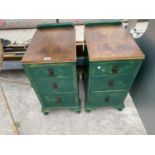 TWO WALNUT AND GREEN SHABBY CHIC BEDSIDE CHESTS OF THREE DRAWERS