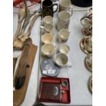 MIXED COMMEMORATIVE MUGS, BOXED HIP FLASK AND LIDDED JASPERWARE BOX