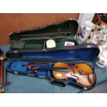A VINTAGE CASED VIOLIN WITH BOW AND A FURTHER VIOLIN CASE