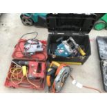 FOUR POWER TOOLS TO INCLUDE A MAKITA ROUTER, EVOLUTION RIP SAW, JIGSAW AND DRILL (TWO 110V NOT
