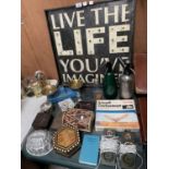 A LARGE MIXED LOT OF ITEMS TO INCLUDE 'LIFE' LIGHT UP SIGN, SODA SYPHONS, BOXES ETC